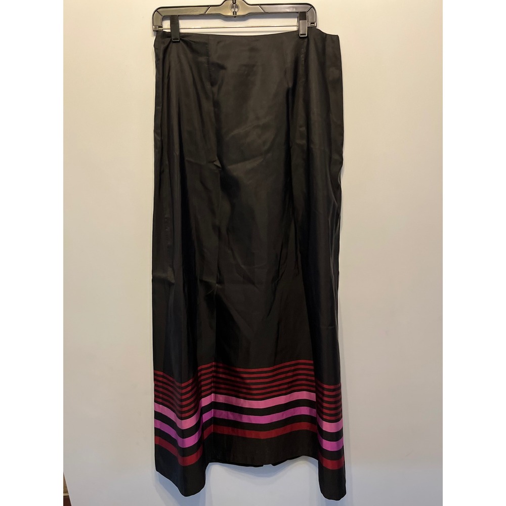 Vintage Ann Taylor 100% Silk Maxi Skirt Blk Striped Hem Formal Evening Wear S:12